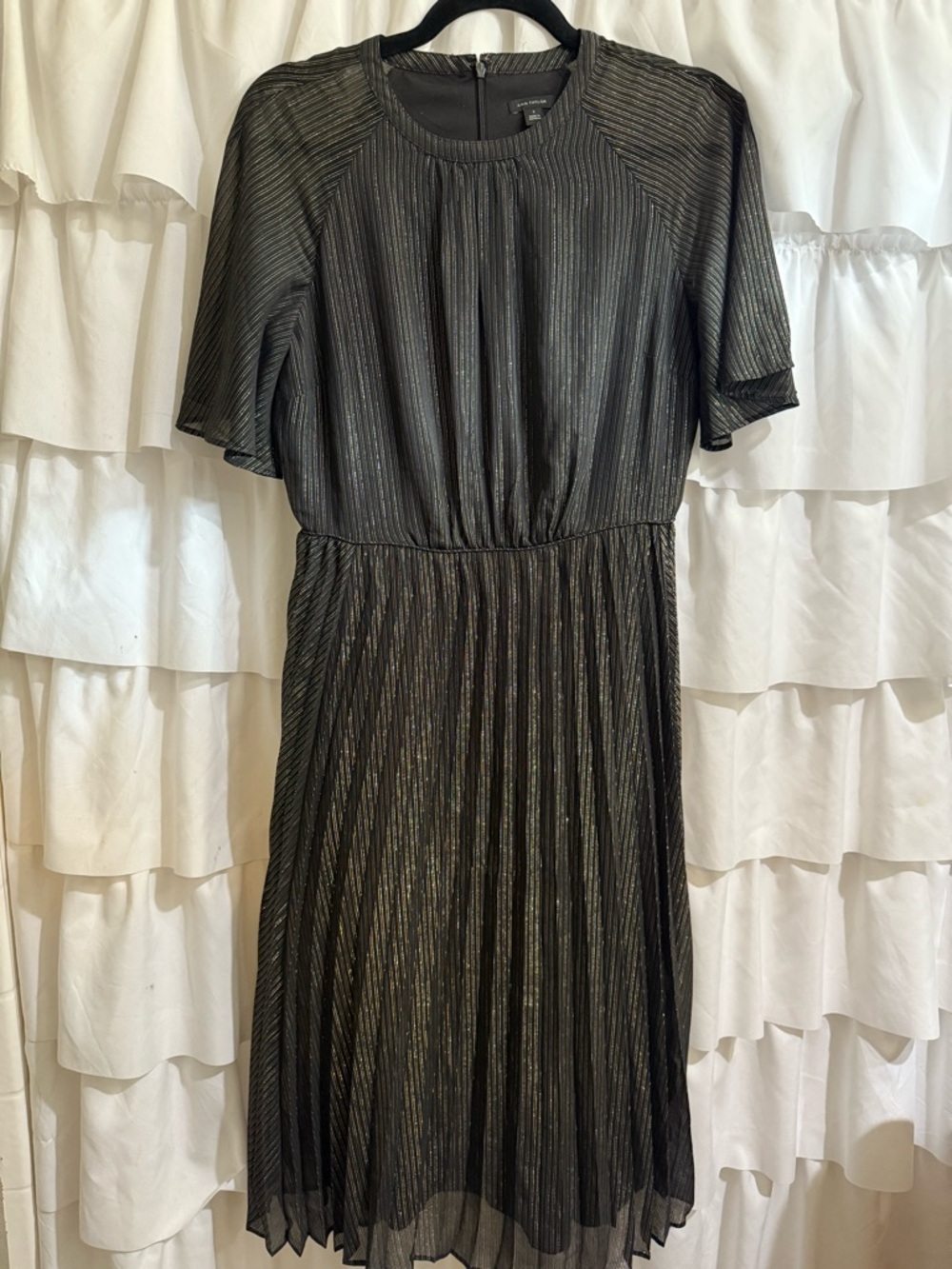Ann Taylor Black Metallic-Striped Pleated Midi Dress